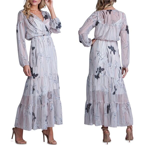 A LA PLAGE Striped Sheer Floral Tiered Maxi Dress - Picture 1 of 12